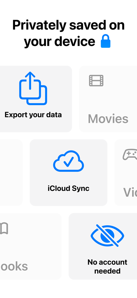 Screenshot highlighting Listy app privacy features including iCloud sync and no account registration
