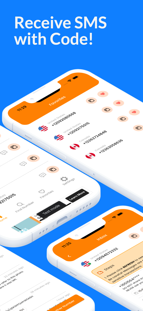 Receive SMS Online Temporary - App-Oberfläche mit Listen virtueller Telefonnummern für USA und Kanada zum Empfangen von SMS-Codes
