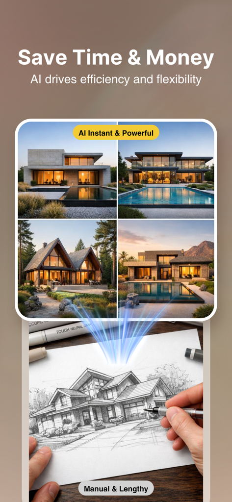 HomeGPT：AI Interior Design - A comparison showing instant AI-powered home exterior designs versus traditional manual sketching.