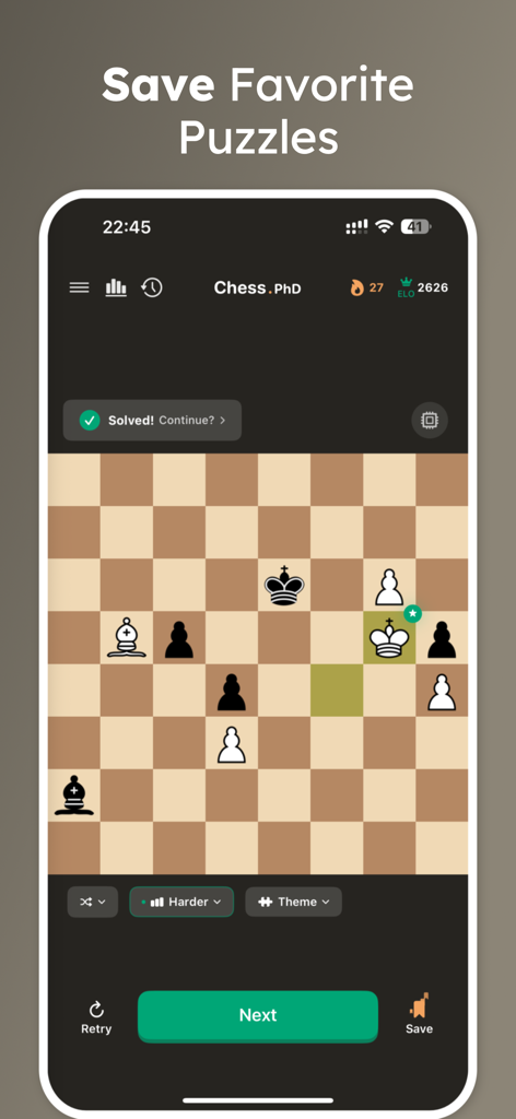 Chess Puzzles: Tactics Trainer - Mobile app interface of Chess Puzzles Tactics Trainer showing a solved endgame puzzle and the feature to save favorite chess positions.