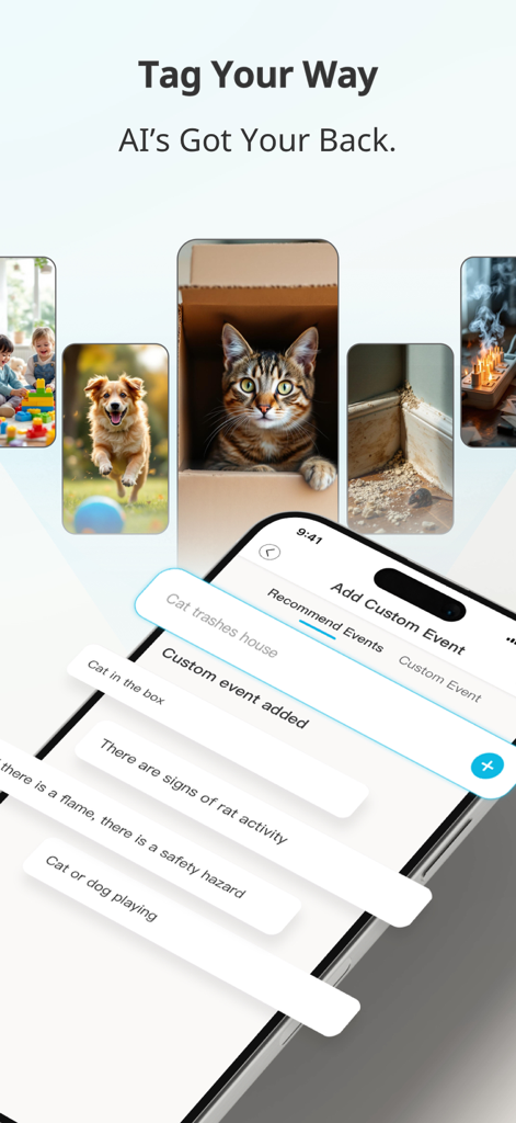 blurams - Interfaz de la aplicación Blurams que muestra etiquetado de eventos personalizado impulsado por IA para mascotas y alertas de seguridad del hogar.
