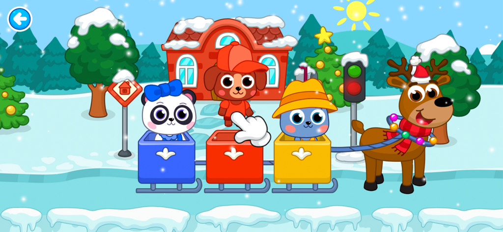 Kids Logic Quest - Winter-themed logic puzzle featuring animals in a reindeer-drawn sled