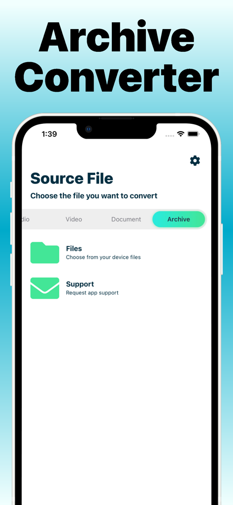 File Converter to the Formats - Screenshot of the File Converter app showing the Archive Converter section for selecting source files from the device.