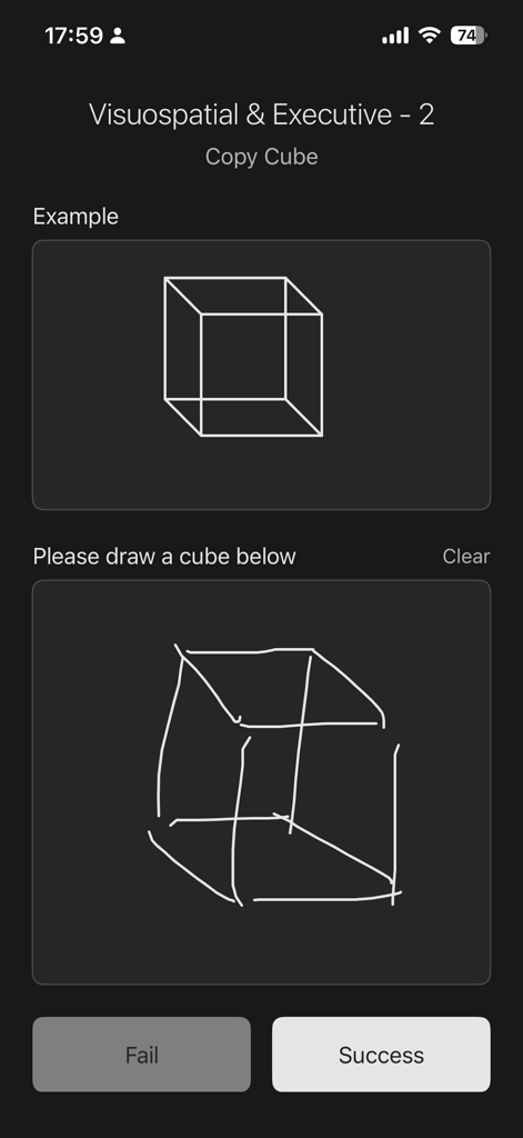 MOCA Assessment - Interfaccia dell'app MOCA Assessment che mostra un compito di copia del cubo per lo screening cognitivo