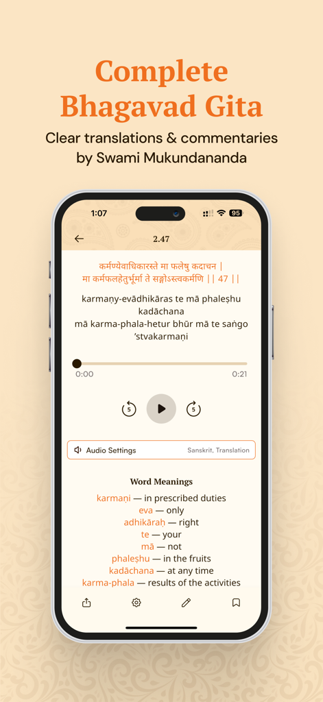 Bhagavad Gita - Krishna Bhakti - Bhagavad Gita app interface showing Sanskrit verse 2.47 with English translation and word meanings
