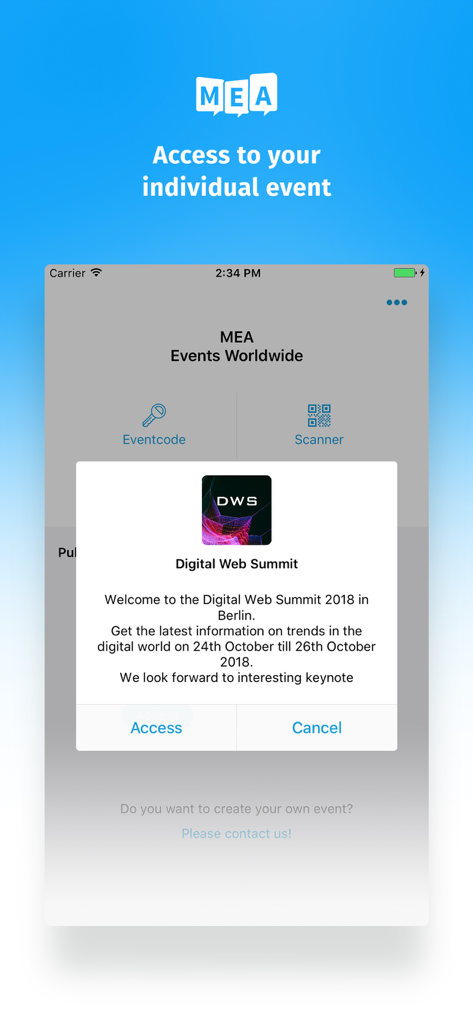 Pantalla de inicio de la aplicación móvil de eventos que muestra las opciones de acceso al evento a través de código o escáner