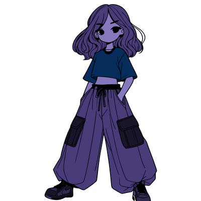 girl in baggy pants crop top long hair