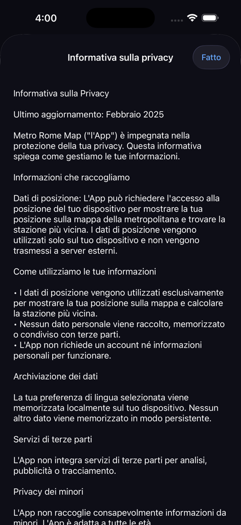 Pantalla de política de privacidad de la aplicación móvil Mapa del Metro de Roma