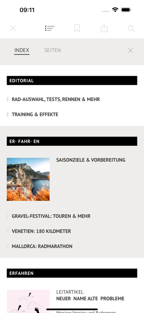 Inhaltsverzeichnis der RennRad Cycling Magazine App mit Artikeln zu Radtests, Training und europäischen Radsportzielen.