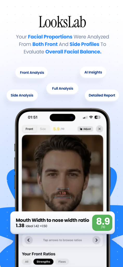 LooksLab - LooksLab app interface showing AI facial proportions analysis and ratio scores