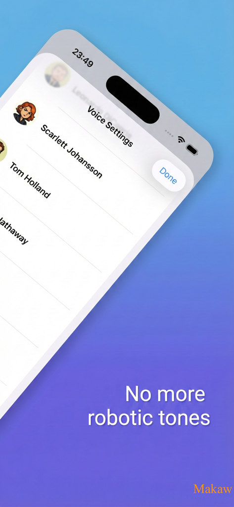 AI Translator app interface showing celebrity voice settings for natural translation