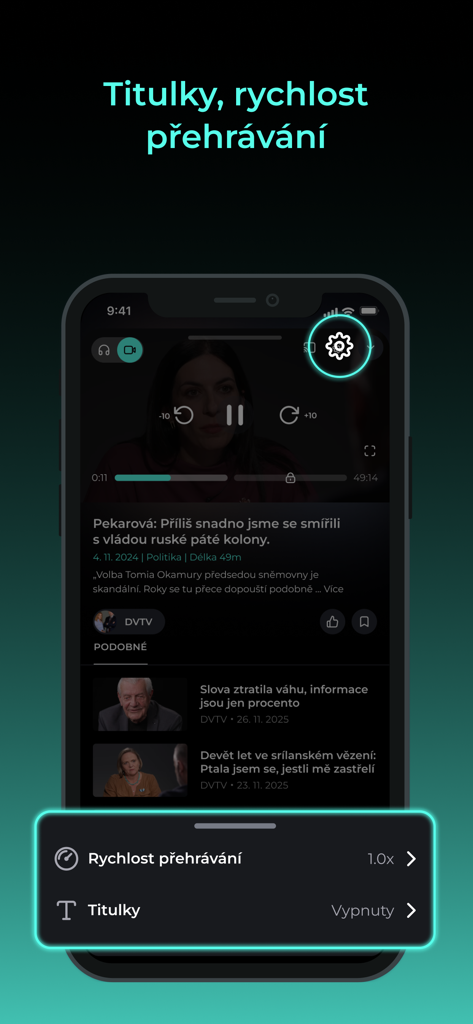 Mobile screen showing DVTV app video player with options for playback speed and subtitles