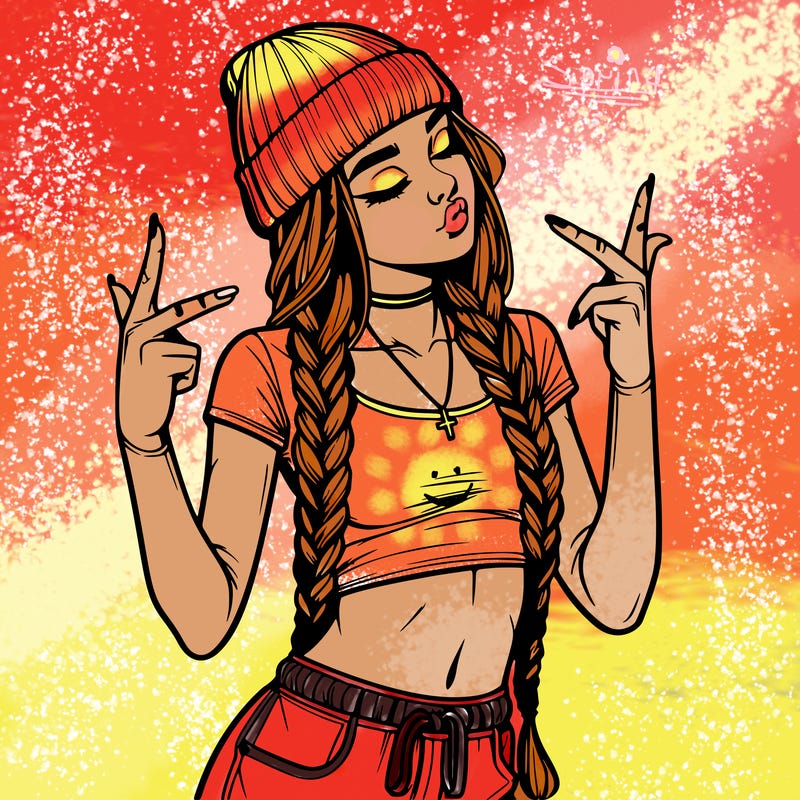 realistic teenage girl with braids and a beanie and crop top doing 🫶🏼