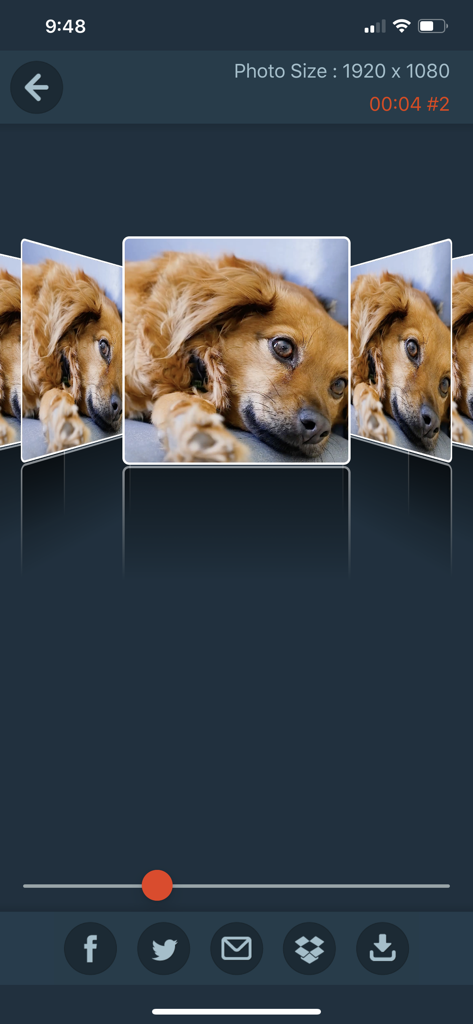 My Moment Pro - My Moment Pro app interface showing a high-quality photo of a dog extracted from a video with sharing options