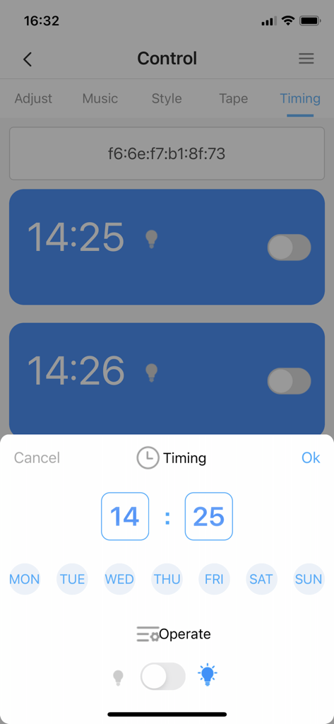 TechLife Pro - Interface of the TechLife Pro app showing the timing and schedule settings for a smart light bulb