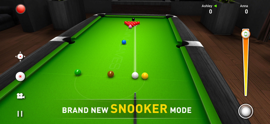 Realistic 3D snooker gameplay showing a green table and balls in Real Pool 3D