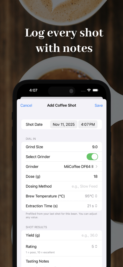 Dial In Espresso - Interface for logging espresso shot details like grind size dose and extraction time