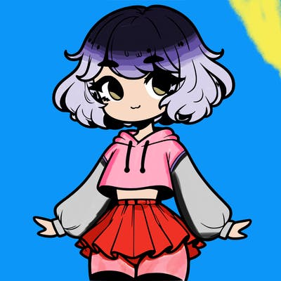 cute femboy with short, fluffy hair that softly frames their face, wearing a cropped hoodie, paired with a flouncy short skirt, and thigh-high stockings