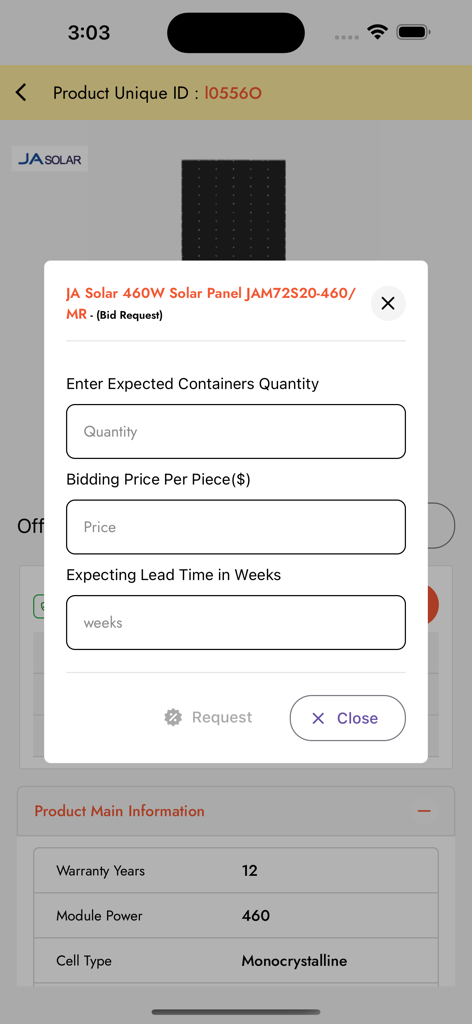 Bulk solar panel bid request interface for JA Solar components