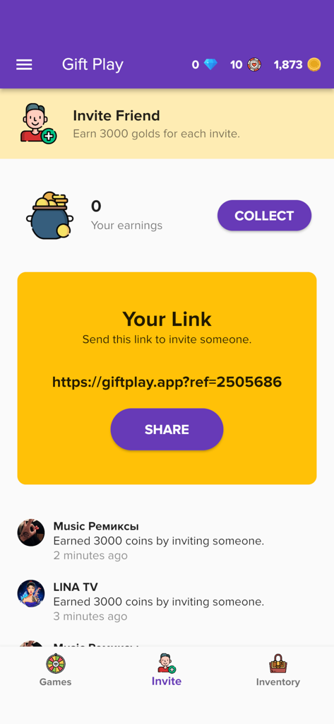 Gift Play - Earn Gift Cards - La pantalla Invitar Amigo de la aplicación Gift Play que muestra un enlace de referencia para ganar 3000 monedas de oro y una lista de ganadores recientes.