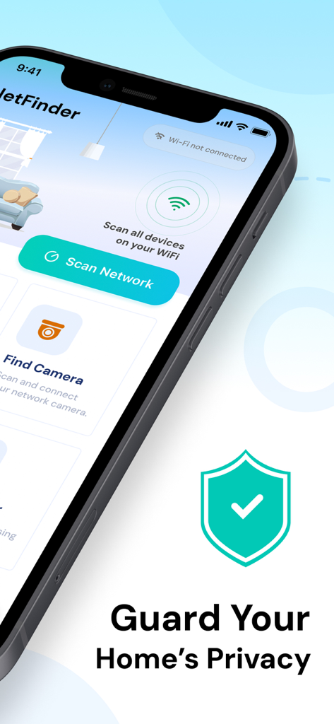 Security Camera app screen showing network scanning features and a privacy protection shield icon