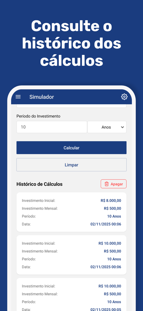 Una pantalla de la aplicación Simulador de Renda Fixa que muestra una lista de resultados de cálculos de inversión anteriores.