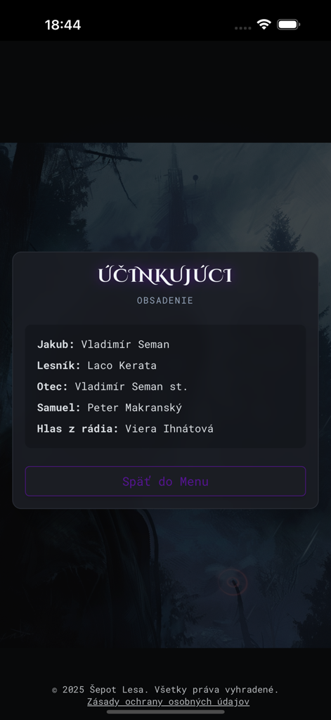 Šepot lesa - Credits screen showing the voice cast for the Whisper of the Forest interactive audio game.