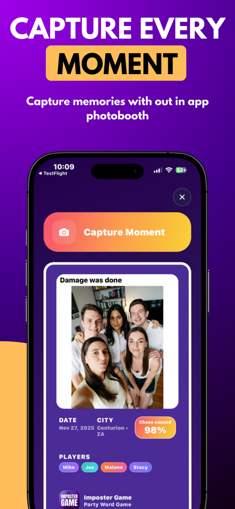 Imposter Game: Party Word Game - 友人グループの写真とゲーム統計が表示される、インポスターゲームアプリのアプリ内フォトブース機能を特集したスクリーンショット。