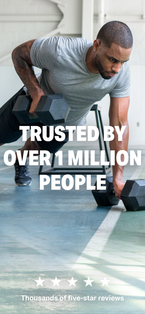 A man performing a dumbbell row exercise with overlay text stating the app is trusted by over one million people with five star reviews.