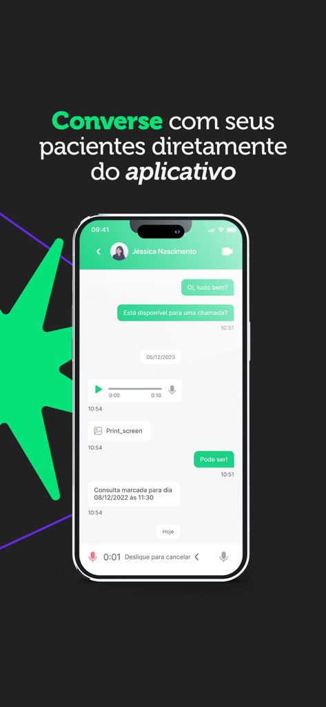 Dietbox para profissionais - A smartphone screen showing the integrated chat feature between a nutritionist and a patient in the Dietbox para profissionais app