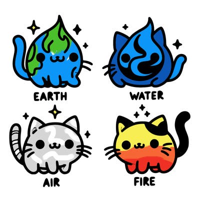 4 cats that represent the different elements, earth, water, air, and fire