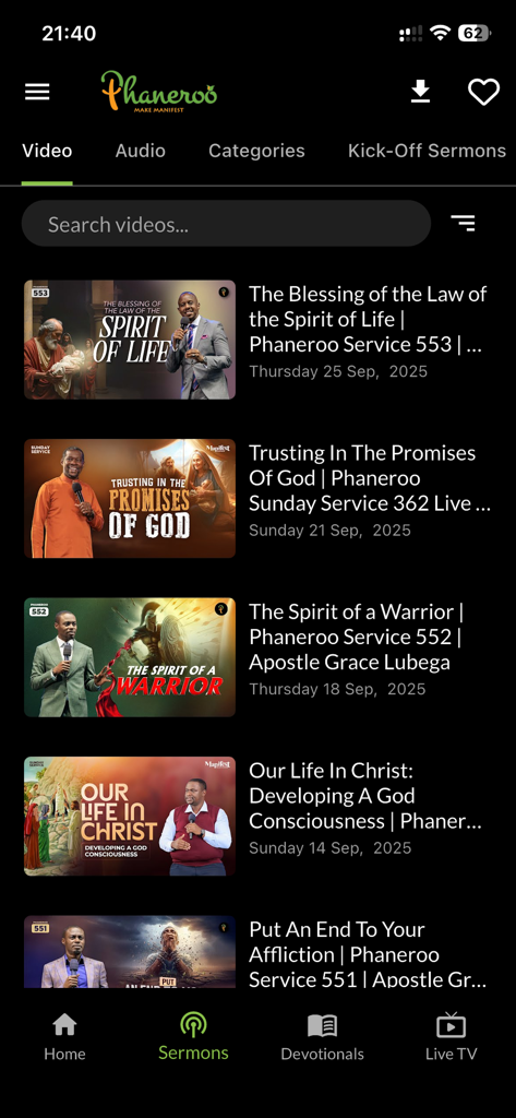 Phaneroo - A screen showing a list of video sermons in the Phaneroo mobile app.
