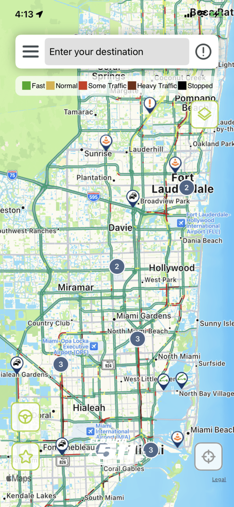 Florida 511 (FDOT Traffic) - Real-time traffic map of South Florida on the Florida 511 app showing congestion and road incidents.