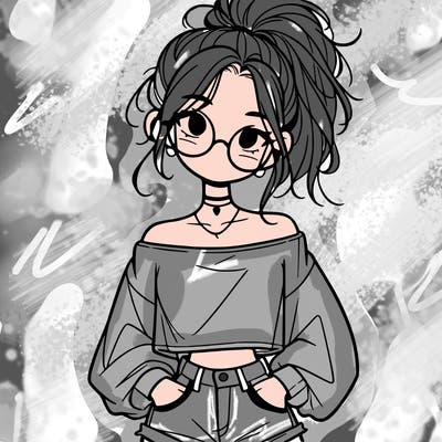 girl with a messy ponytail glasses a baggy crop top and jean shorts