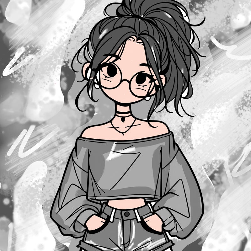 girl with a messy ponytail glasses a baggy crop top and jean shorts