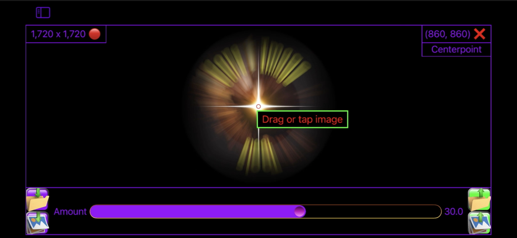 Core Image Tools - Core Image Tools app interface showing a radial zoom blur effect with a control slider and coordinate display