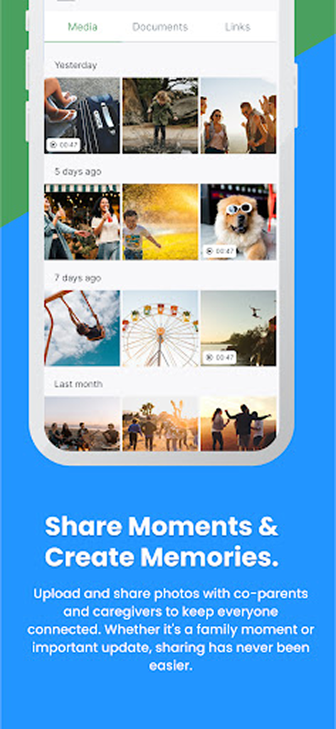 Screenshot of the WeParent app media gallery showing family photos and moments shared between co-parents and caregivers