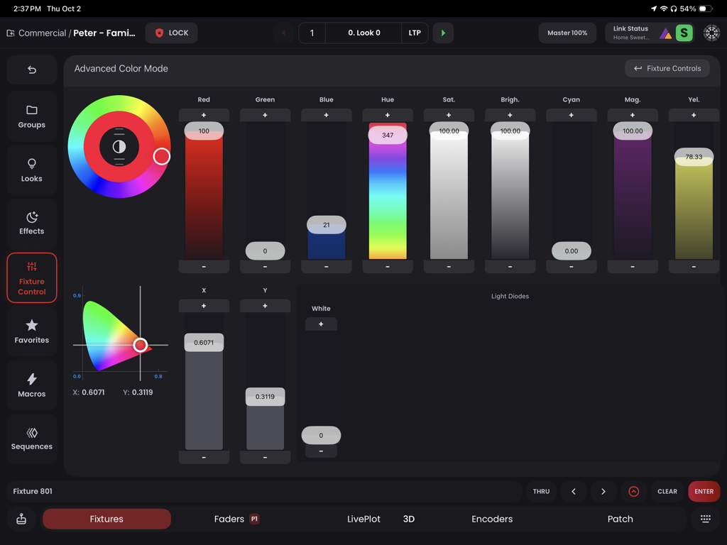 Blackout Lighting Console - Advanced color control interface in Blackout Lighting Console showing color wheels and sliders for professional lighting fixtures
