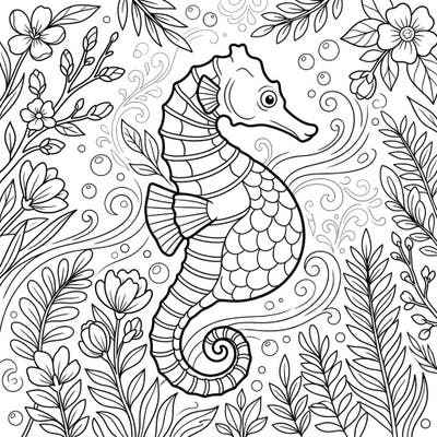 Embrace the beauty of spring with this captivating Big-Belly Seahorse coloring page. Explore an underwater world teeming with life, featuring a majestic seahorse gracefully navigating through blooming aquatic flora.