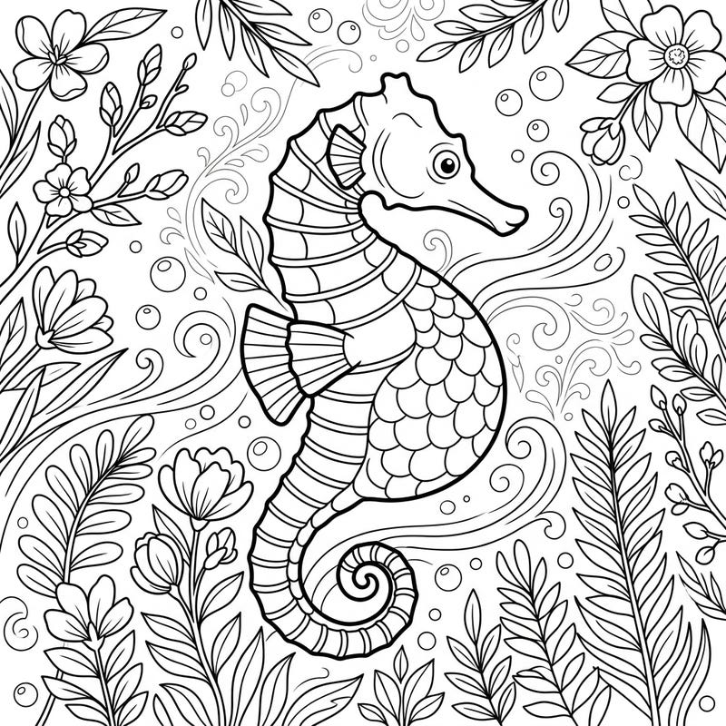 Embrace the beauty of spring with this captivating Big-Belly Seahorse coloring page. Explore an underwater world teeming with life, featuring a majestic seahorse gracefully navigating through blooming aquatic flora.