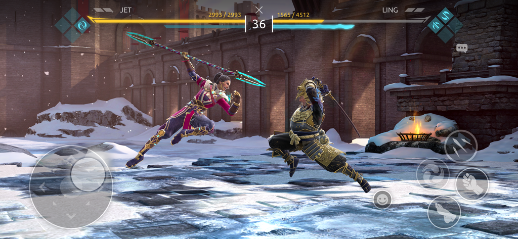 Shadow Fight 4: Arena - Un duelo de artes marciales en 3D entre los héroes Jet y Ling en un patio nevado dentro de Shadow Fight 4 Arena.