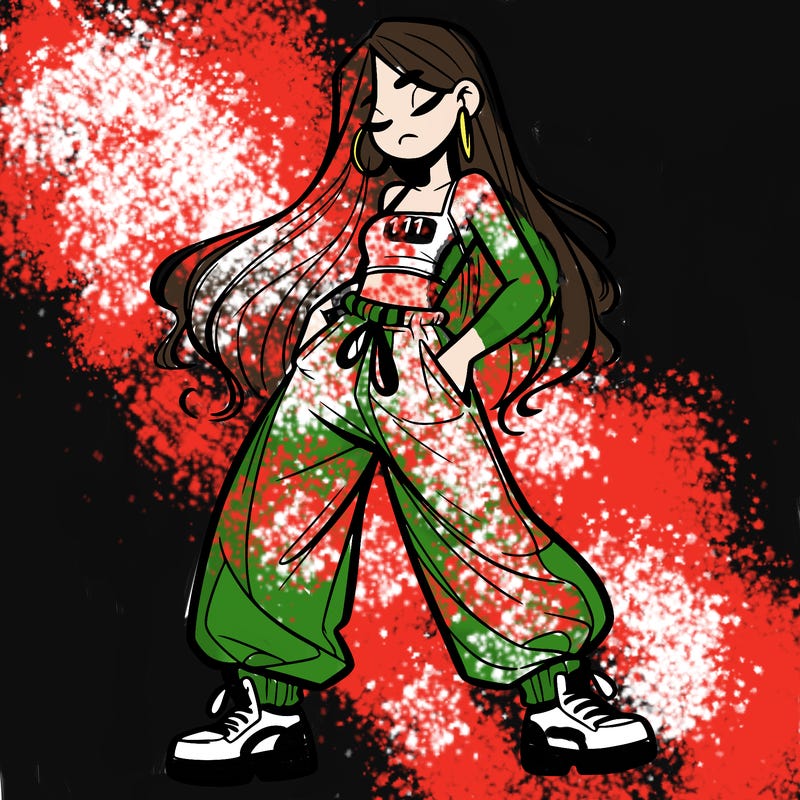 girl in baggy pants crop top and long hair