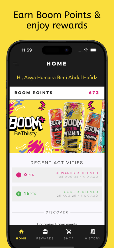 Boom Club app home screen showing current points balance and recent reward activities