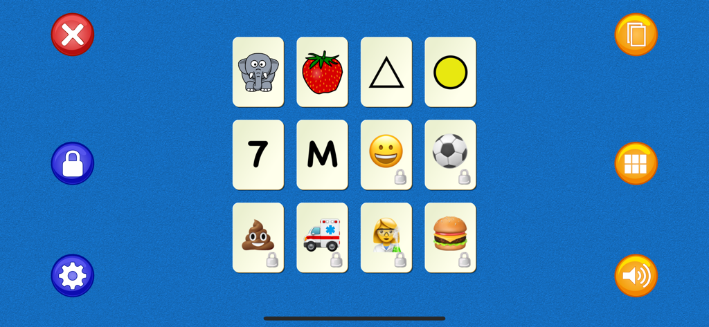 Matching Pairs! - A 12 card grid showing different icons like an elephant, strawberry, and shapes in the Matching Pairs game