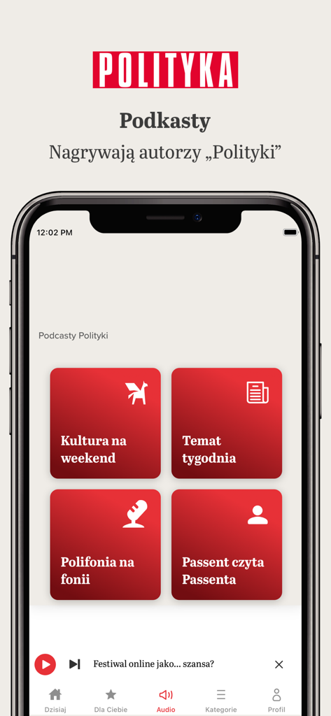 Screenshot of the podcasts section in the Polityka app featuring various editorial audio categories in red tiles