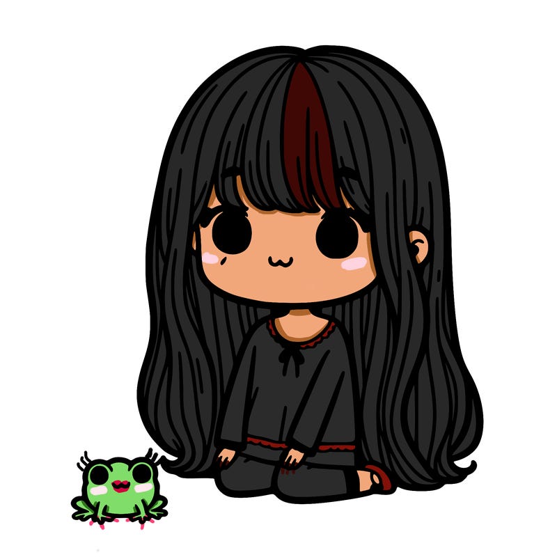 girl with long hair bangs and tiny frog