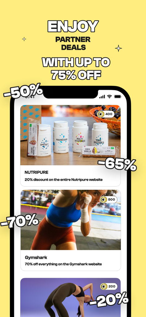 A mobile screen showing the EXO app rewards page with discounts up to 75 percent off brands like Nutripure and Gymshark