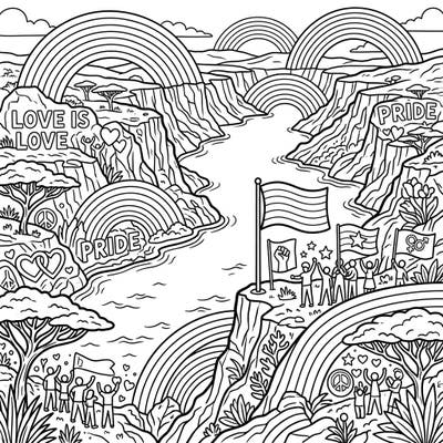 Immerse yourself in a breathtaking landscape where the majestic Rift Valley Lakes meet the vibrant spirit of Pride. This intricate coloring page invites you to celebrate love, diversity, and community with every stroke of your crayon.