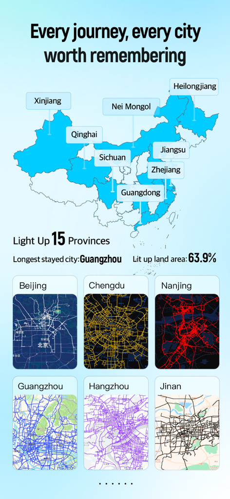 A screen from the Footprint app showing a travel map of China with 15 provinces highlighted and route heatmaps for several major cities