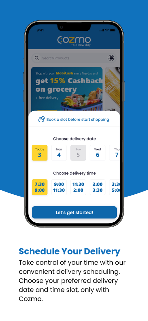Cozmo app interface for scheduling grocery delivery dates and time slots